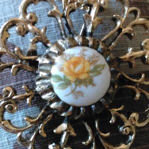 Porcelain Floral Brooch Pin Pendant Vintage